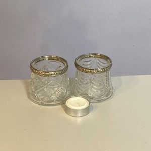 Antique style etched glass tea light holder with a silver rim
