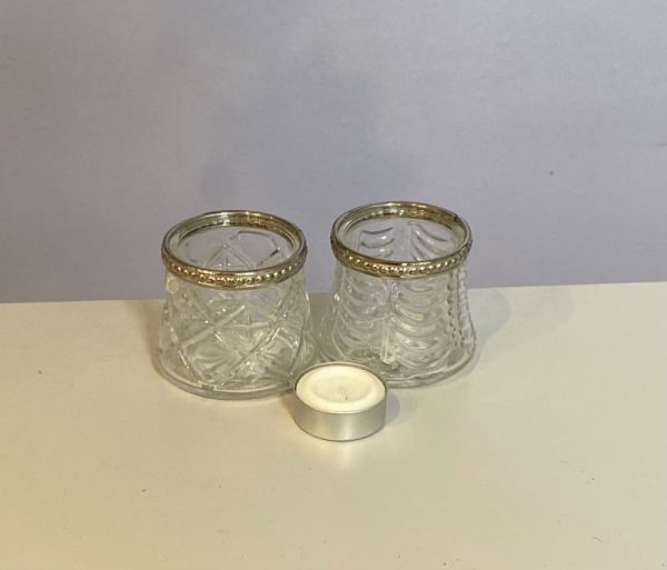 Antique style etched glass tea light holder with a silver rim