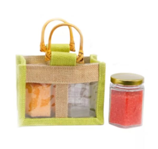 Bamboo handle jute gift bag- green