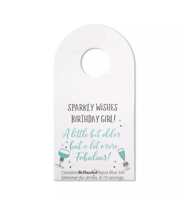 Birthday girl alcohol and non-alcohol drink shimmer bottle neck gift tag- blue