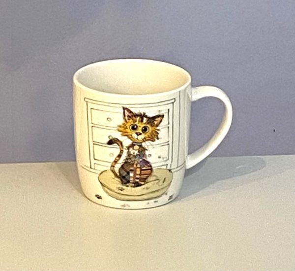 Classic white mug with a cute wide eyed kitten with a colourful collage decoration. Quirky Kimba Kitten Bug Art mug