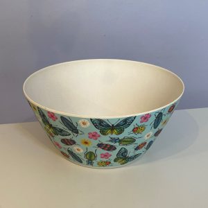 bamboo salad bowl with a butterfly and beetle design in pastel colours