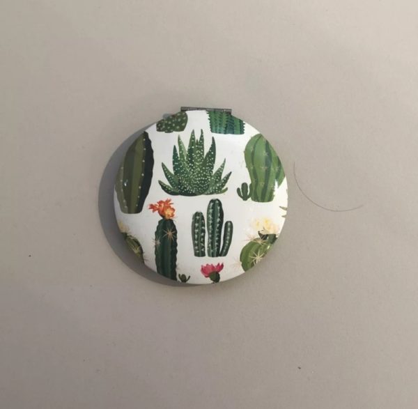 Cactus compact handbag mirror- white