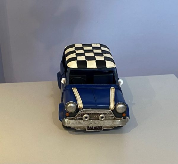 vintage look classic blue mini model car with checkered roof