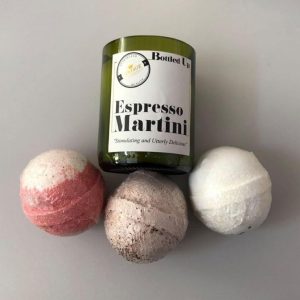 Gift basket with espresso martini scented candle and 3 bath bombs