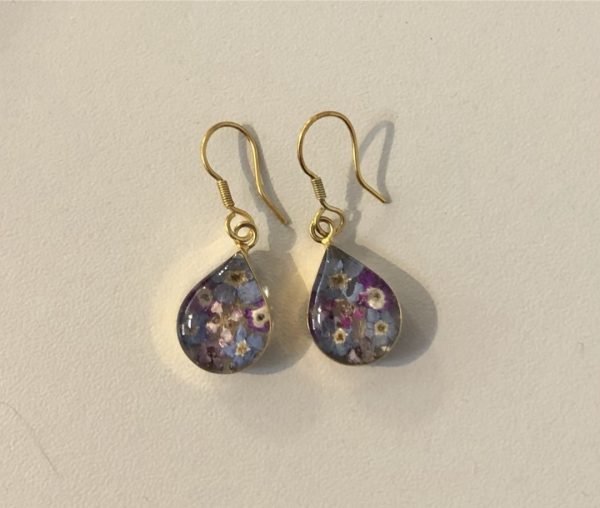 Gold purple flower teardrop earrings