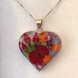 large heart silver pendant with mixed flowers