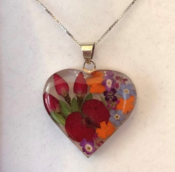 large heart silver pendant with mixed flowers