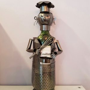 Highly detailed wine bottle holder in a chef design complete with whisk and saucepan.