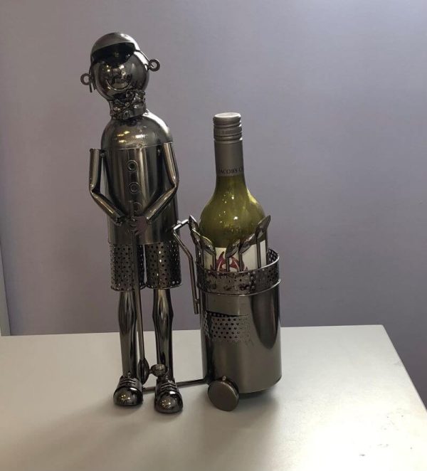 Quirky metal bottle holder in a golf player design.