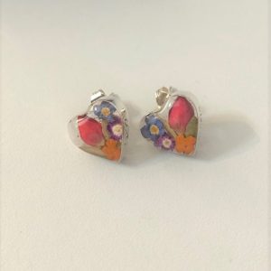Mixed Flower Silver Stud Heart Earrings
