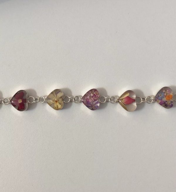 Mixed real flower silver heart bracelet