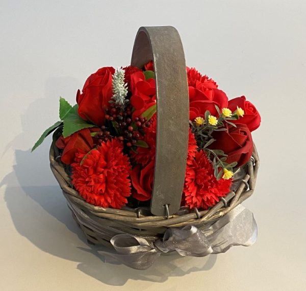 Mother's day gift wooden handled wicker basket full of beautiful flowers hand crafted from soap