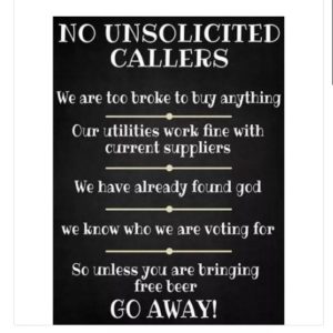 No unsolicited callers witty metal sign
