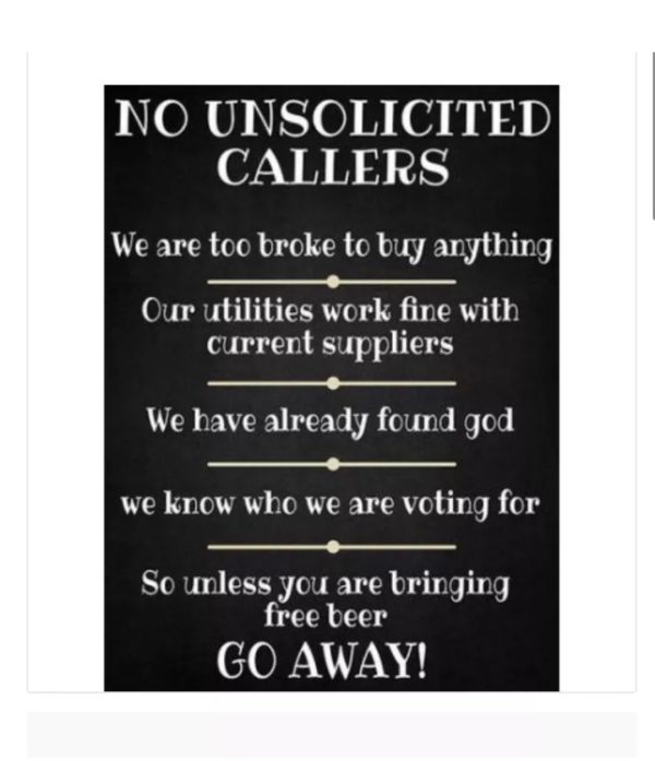 No unsolicited callers witty metal sign