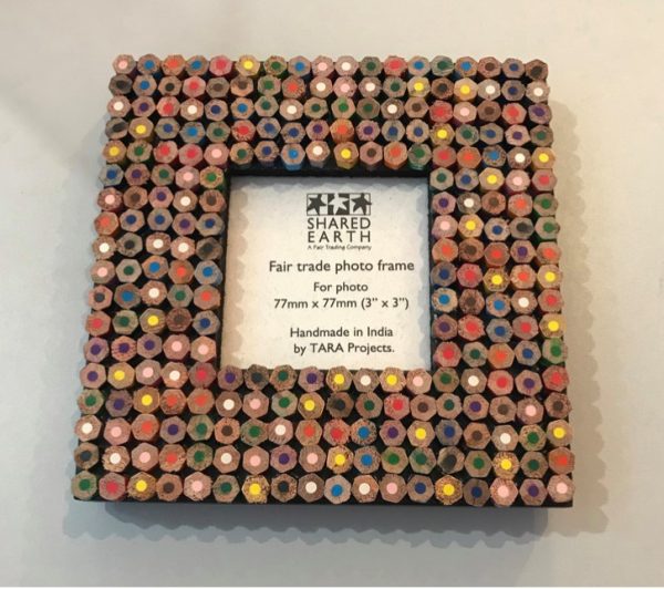 photo frame decorated with slices of coloured pencil crayons