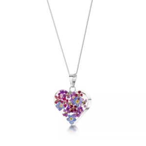 Purple Mixed Flower Silver Heart Pendant