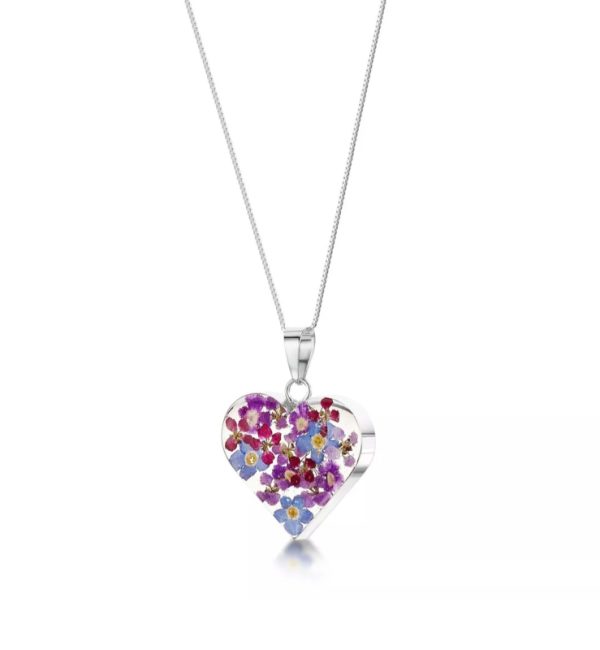 Purple Mixed Flower Silver Heart Pendant
