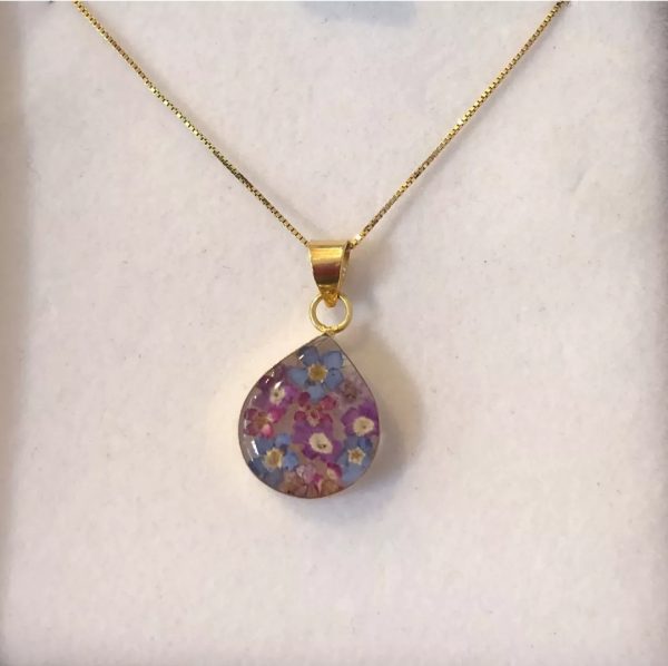 Purple flower real flower gold teardrop pendant necklace