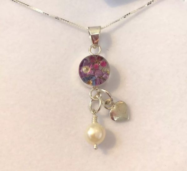 Purple flower silver pendant necklace