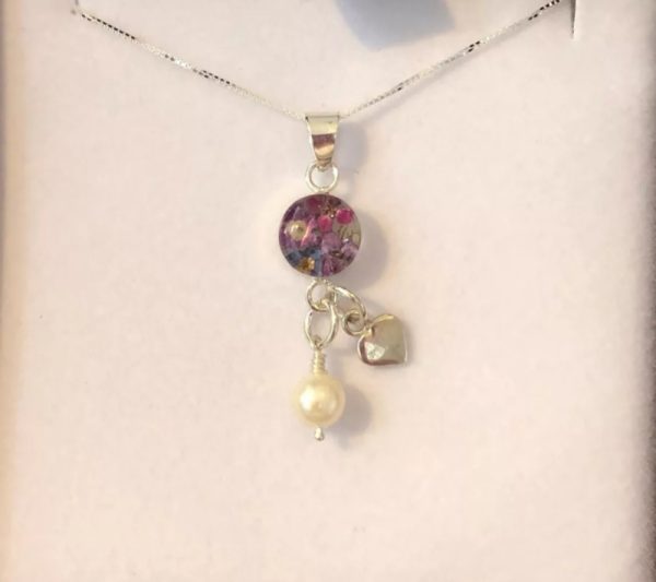 Purple flower silver pendant necklace