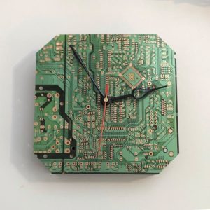 quirky wall clock made from a recycled computer circuit board