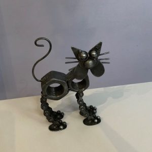 Qirky cat ornament sculpted from recycled nuts, bike chain and scrap metal