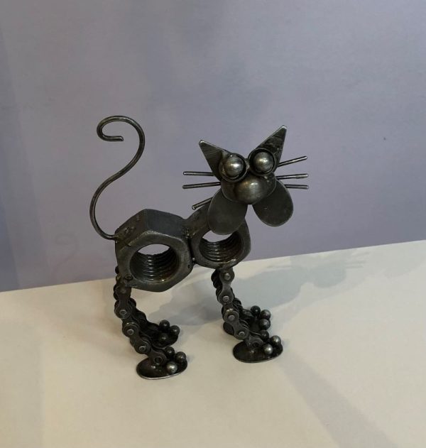 Qirky cat ornament sculpted from recycled nuts, bike chain and scrap metal