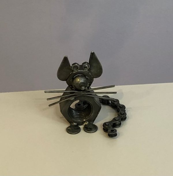 Cute mouse sculpture made from a recycled nut and metal
