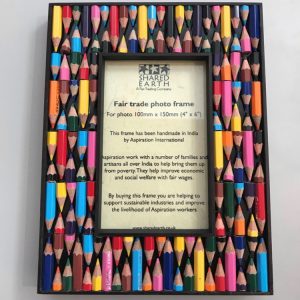 wooden photo frame decorated with coloured pencil crayon stubs