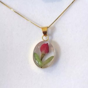 Rosebud real flower gold oval pendant necklace