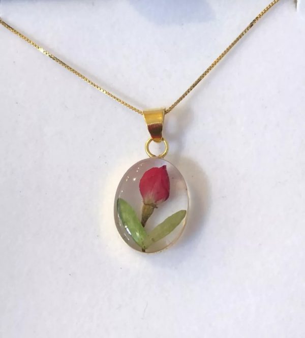 Rosebud real flower gold oval pendant necklace