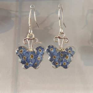 Silver butterfly forget me not real flower earrings