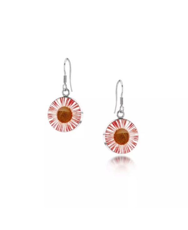 Silver circle pink daisy earrings