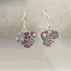 Silver purple flower heart earrings