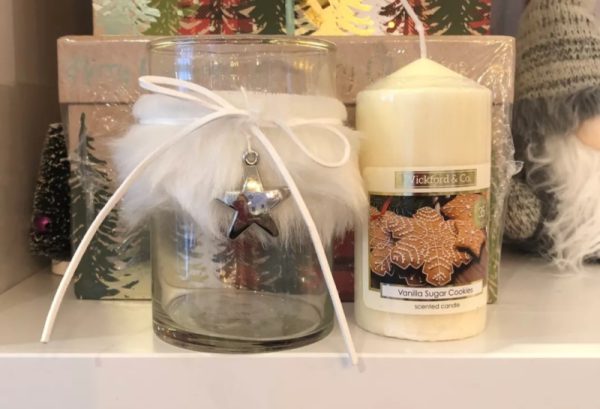 Silver star and white fur candle holder- vanilla sugar cookie