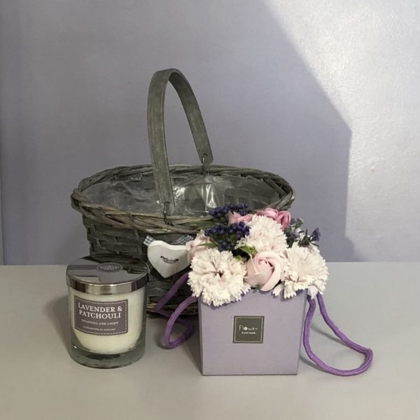 Soap flower and scented candle gift basket