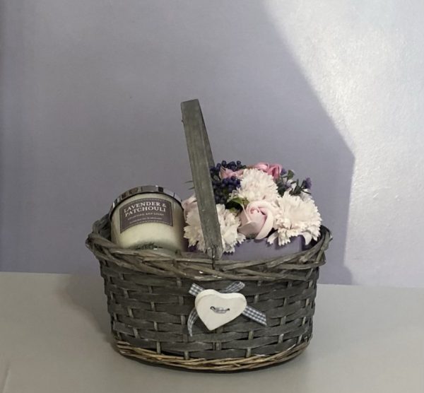 Soap flower and scented candle gift basket-lavender and patchouli