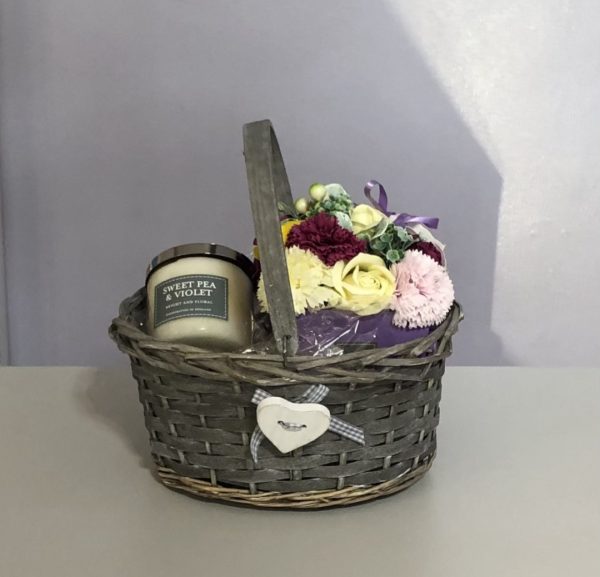 Soap flower and scented candle gift basket- sweet pea and violet