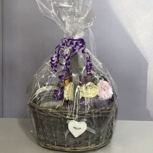 Soap flower and scented candle gift basket- sweet pea and violet
