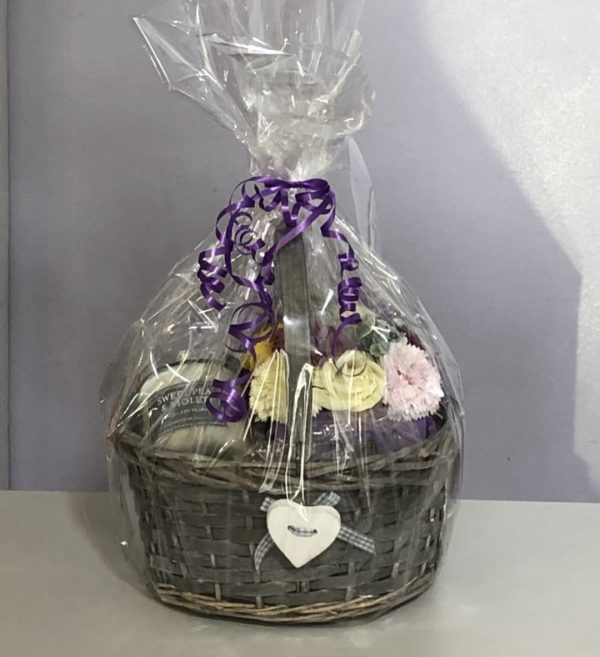 Soap flower and scented candle gift basket- sweet pea and violet