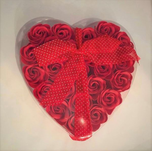 24 red soap roses in a romantic heart box