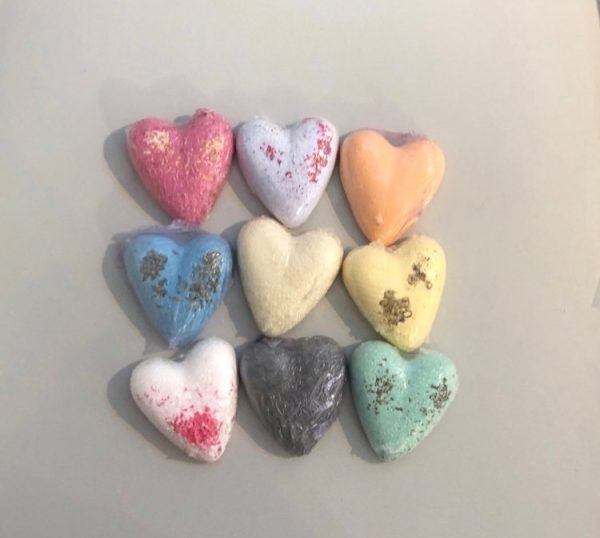 assortment of heart shaped hand made bath bombs