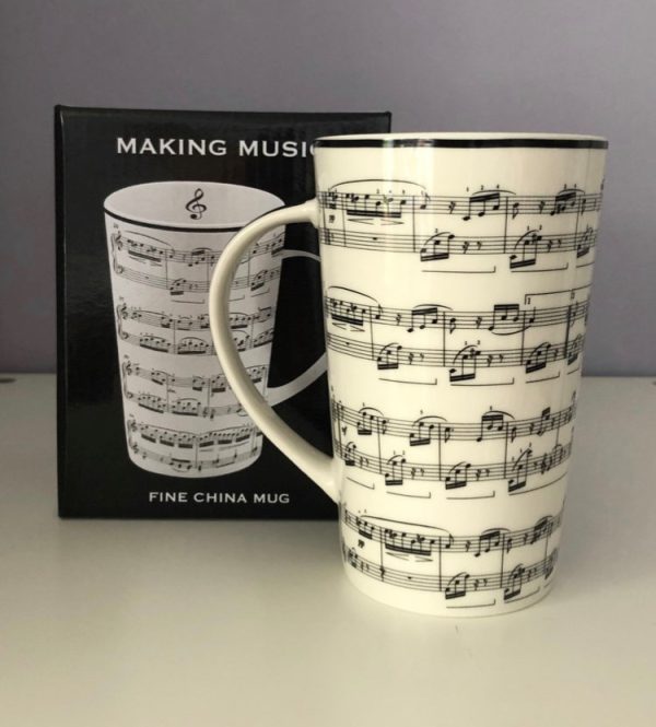 gift boxed latte mug decorated with a music score