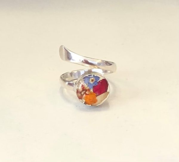 adjustable silver ring hand crafted with sterling silver and real flowers