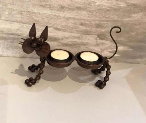 cat tea light candle holder made from recycled bike chains and scrap metal