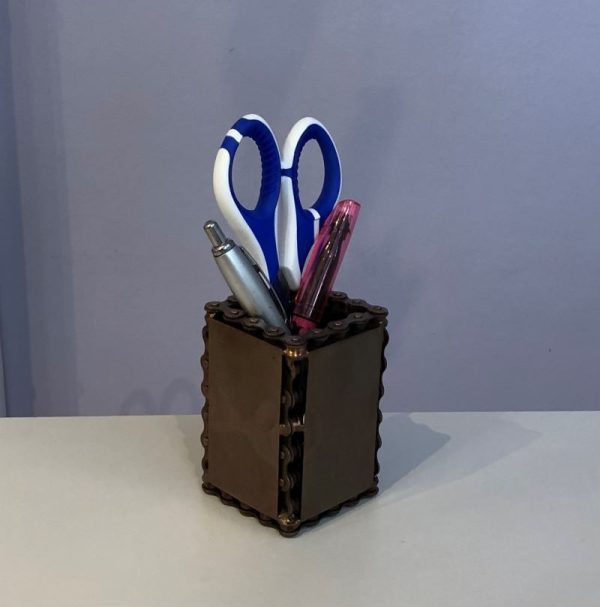 pen pot desk tidy made from recycled bike chain and scrap metal