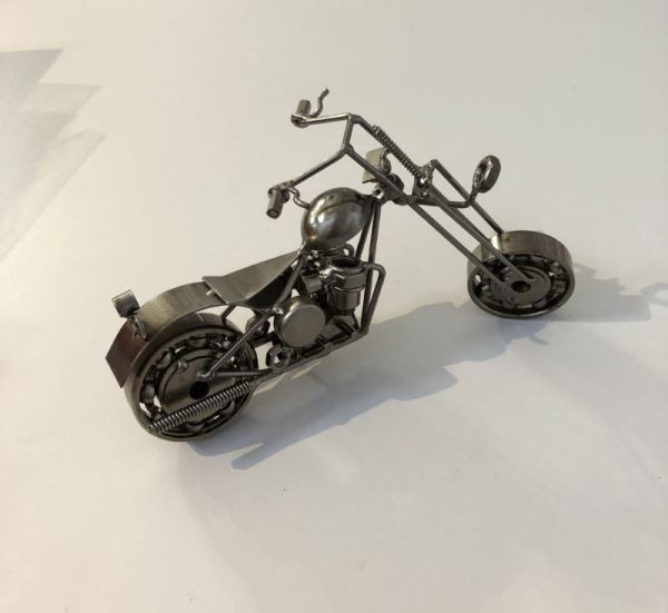 motorbike ornament sculpted from scrap metal and recycled nuts and bolts