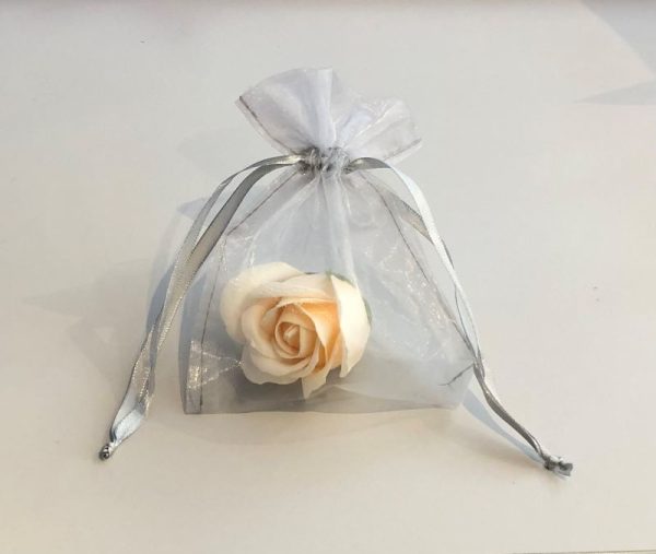 handcrafted soap rose in an organza gift bag