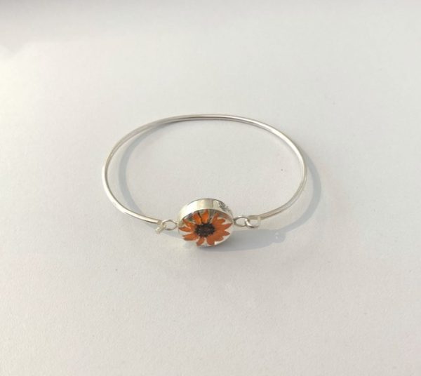 solid silver bangle with a real sunflower set in resin